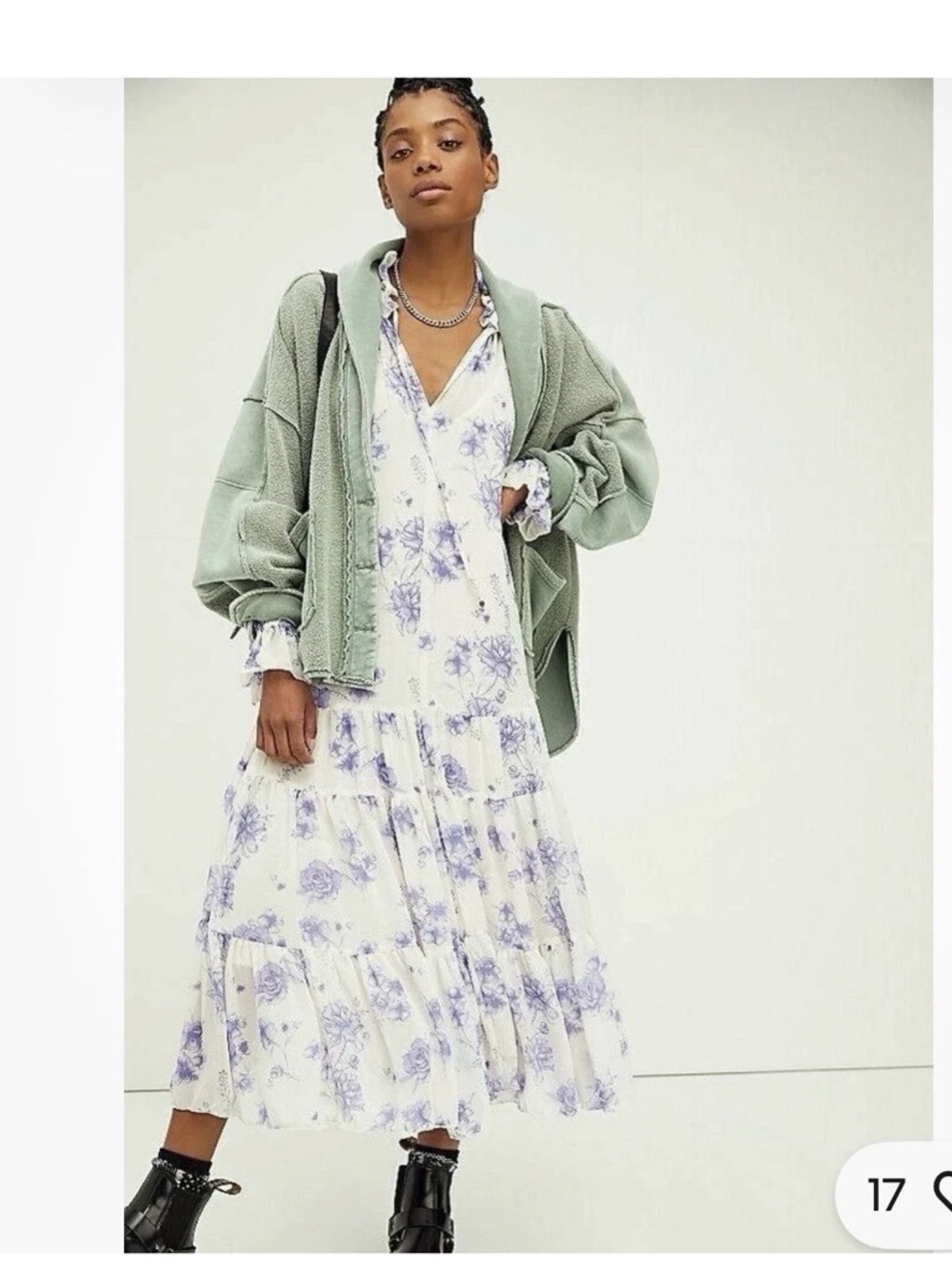 Free People M Ivory Purple Floral Puff Sleeves Dress Ruffle Frayed hem - Picture 11 of 11